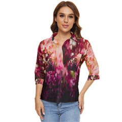 Pink Flower Women s Quarter Sleeve Pocket Shirt