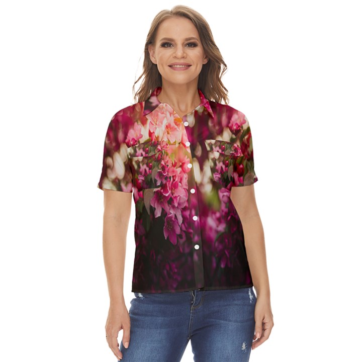 Pink Flower Women s Short Sleeve Double Pocket Shirt