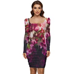 Pink Flower Women Long Sleeve Ruched Stretch Jersey Dress