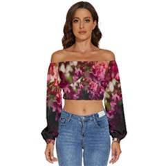 Pink Flower Long Sleeve Crinkled Weave Crop Top