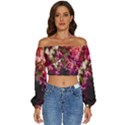 Pink Flower Long Sleeve Crinkled Weave Crop Top View1