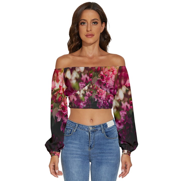 Pink Flower Long Sleeve Crinkled Weave Crop Top