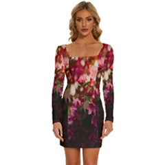 Pink Flower Long Sleeve Square Neck Bodycon Velvet Dress