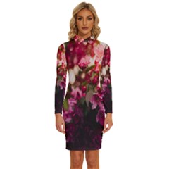 Pink Flower Long Sleeve Shirt Collar Bodycon Dress