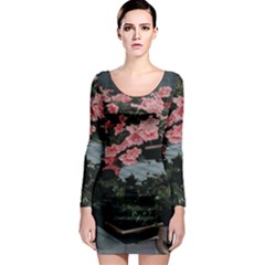 Pink Peony  Flower Long Sleeve Bodycon Dress by artworkshop