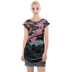 Pink Peony  Flower Cap Sleeve Bodycon Dress