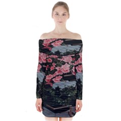 Pink Peony  Flower Long Sleeve Off Shoulder Dress by artworkshop