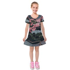 Pink Peony  Flower Kids  Short Sleeve Velvet Dress by artworkshop