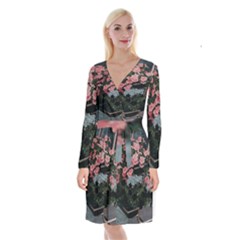 Pink Peony  Flower Long Sleeve Velvet Front Wrap Dress