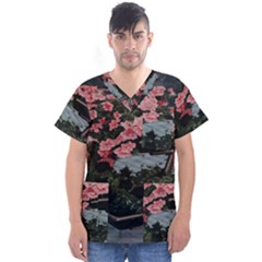 Pink Peony  Flower Men s V-Neck Scrub Top