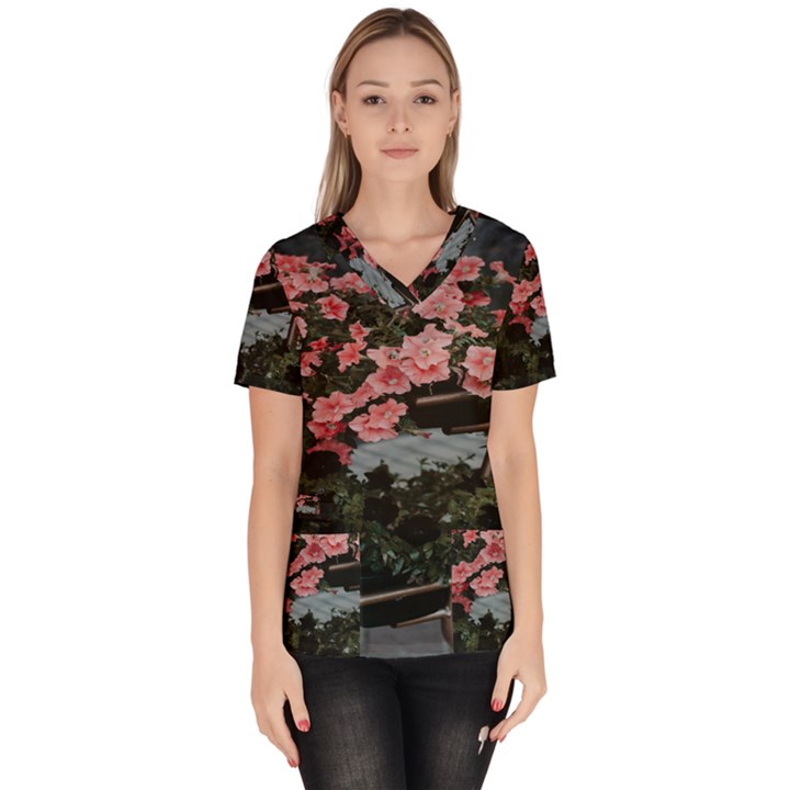 Pink Peony  Flower Women s V-Neck Scrub Top