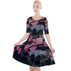 Pink Peony  Flower Quarter Sleeve A-Line Dress