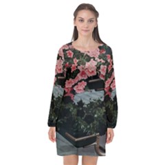 Pink Peony  Flower Long Sleeve Chiffon Shift Dress  by artworkshop