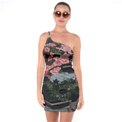 Pink Peony  Flower One Shoulder Ring Trim Bodycon Dress