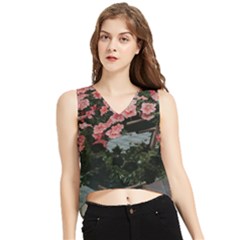 Pink Peony  Flower V-Neck Cropped Tank Top