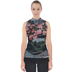 Pink Peony  Flower Mock Neck Shell Top