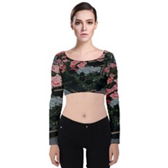 Pink Peony  Flower Velvet Long Sleeve Crop Top by artworkshop