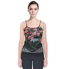 Pink Peony  Flower Velvet Spaghetti Strap Top by artworkshop