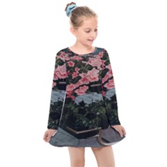 Pink Peony  Flower Kids  Long Sleeve Dress