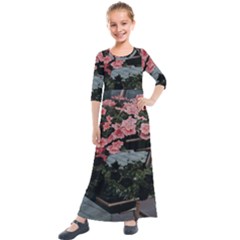 Pink Peony  Flower Kids  Quarter Sleeve Maxi Dress by artworkshop