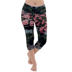 Pink Peony  Flower Lightweight Velour Capri Yoga Leggings