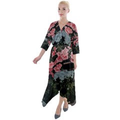 Pink Peony  Flower Quarter Sleeve Wrap Front Maxi Dress