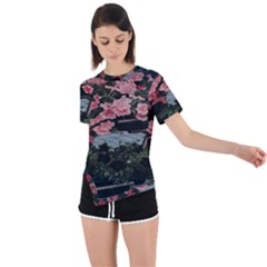 Pink Peony  Flower Asymmetrical Short Sleeve Sports Tee