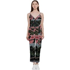 Pink Peony  Flower V-neck Spaghetti Strap Tie Front Jumpsuit by artworkshop