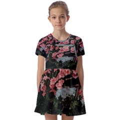 Pink Peony  Flower Kids  Short Sleeve Pinafore Style Dress