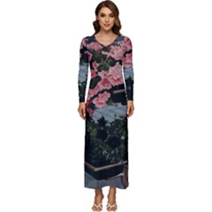 Pink Peony  Flower Long Sleeve Longline Maxi Dress