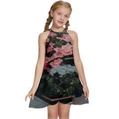 Pink Peony  Flower Kids  Halter Collar Waist Tie Chiffon Dress