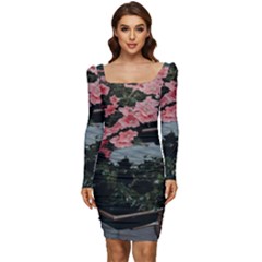 Pink Peony  Flower Women Long Sleeve Ruched Stretch Jersey Dress by artworkshop