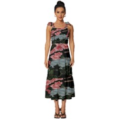 Pink Peony  Flower Tie-strap Tiered Midi Chiffon Dress by artworkshop