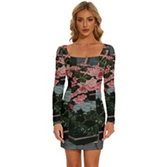 Pink Peony  Flower Long Sleeve Square Neck Bodycon Velvet Dress