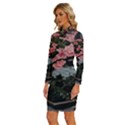 Pink Peony  Flower Long Sleeve Shirt Collar Bodycon Dress View2