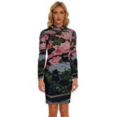 Pink Peony  Flower Long Sleeve Shirt Collar Bodycon Dress by artworkshop