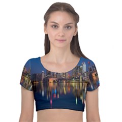 Seaside River Velvet Short Sleeve Crop Top  by artworkshop