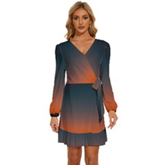 Sky Gradient Long Sleeve Waist Tie Ruffle Velvet Dress