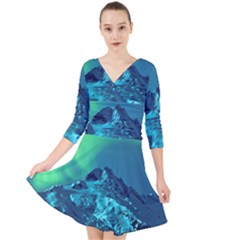 Aurora Borealis Sky Winter Snow Mountains Night Quarter Sleeve Front Wrap Dress