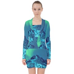 Aurora Borealis Sky Winter Snow Mountains Night V-neck Bodycon Long Sleeve Dress by B30l