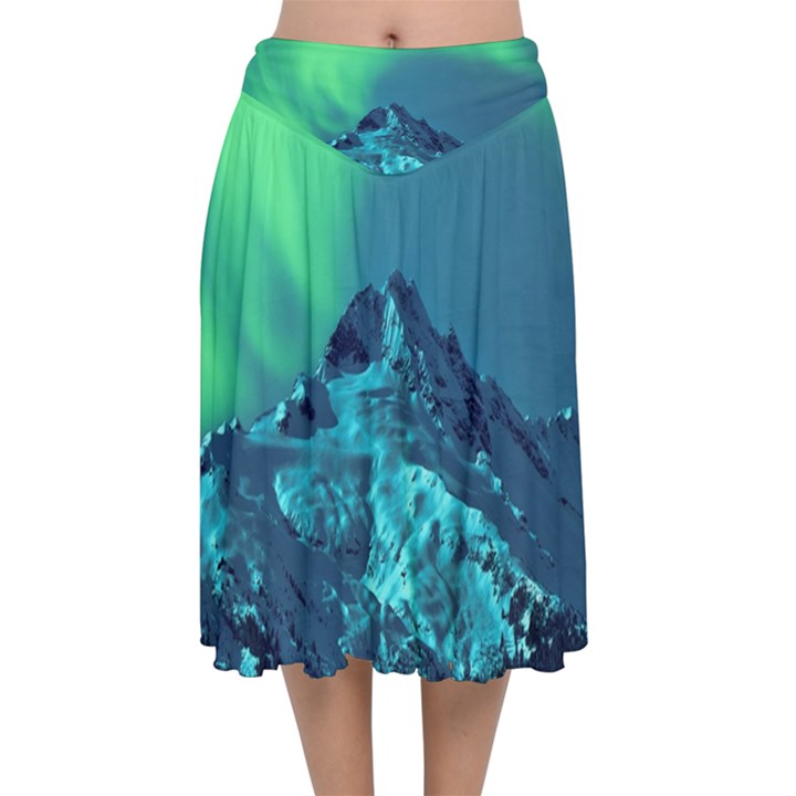 Aurora Borealis Sky Winter Snow Mountains Night Velvet Flared Midi Skirt