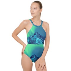 Aurora Borealis Sky Winter Snow Mountains Night High Neck One Piece Swimsuit by B30l