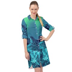 Aurora Borealis Sky Winter Snow Mountains Night Long Sleeve Mini Shirt Dress by B30l