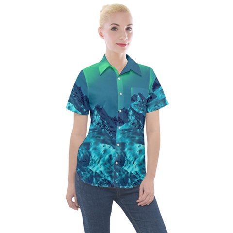 Aurora Borealis Sky Winter Snow Mountains Night Women s Short Sleeve Pocket Shirt by B30l