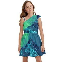 Aurora Borealis Sky Winter Snow Mountains Night Kids  One Shoulder Party Dress by B30l