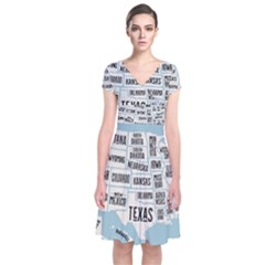 Black White Usa Map States Short Sleeve Front Wrap Dress by B30l