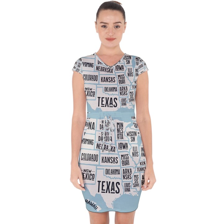 Black White Usa Map States Capsleeve Drawstring Dress 