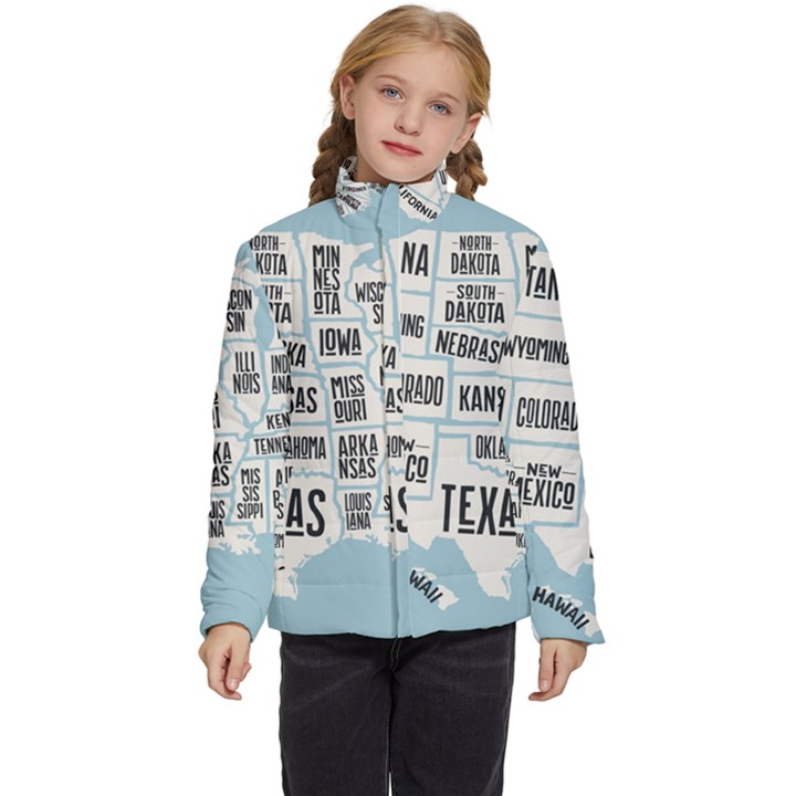 Black White Usa Map States Kids  Puffer Bubble Jacket Coat