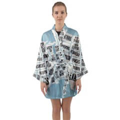 Black White Usa Map States Long Sleeve Satin Kimono