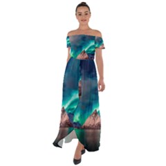 Amazing Aurora Borealis Colors Off Shoulder Open Front Chiffon Dress by B30l